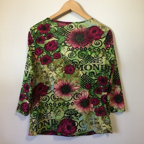 Y2K 'Save The World' Retro Flowers + Text Printed Mesh Top - Picture 2 of 16